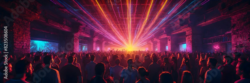 A vibrant crowd of concertgoers is immersed in the experience with radiant laser lights streaking above them photo