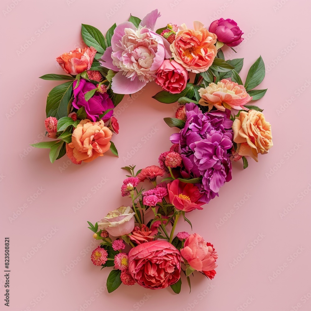 A vibrant and artistic array of flowers forming the number four on a soft pink background, showcasing a mix of blooms A vibrant and artistic array of flowers forming the number four on a soft pink background, showcasing a mix of blooms