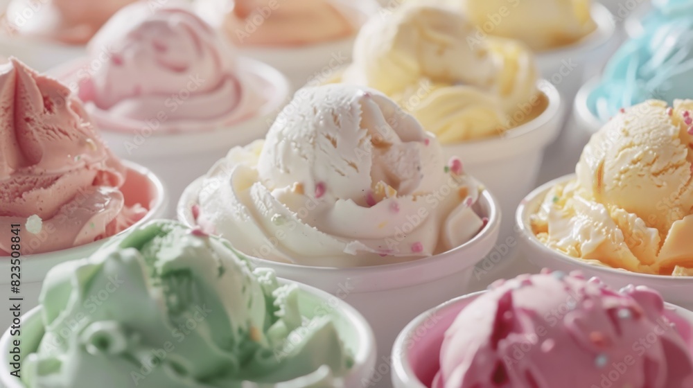 A row of colorful ice cream balls on a white background A row of colorful ice cream balls on a white background