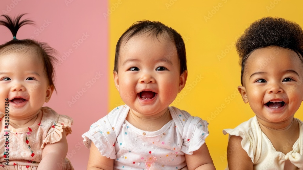 Three jubilant and diverse babies sit together, smiling joyfully in colorful clothing Three jubilant and diverse babies sit together, smiling joyfully in colorful clothing
