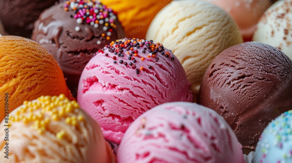 A row of colorful ice cream balls on a white background A row of colorful ice cream balls on a white background