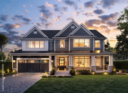 Beautiful new home exterior at dusk with front view of two story house