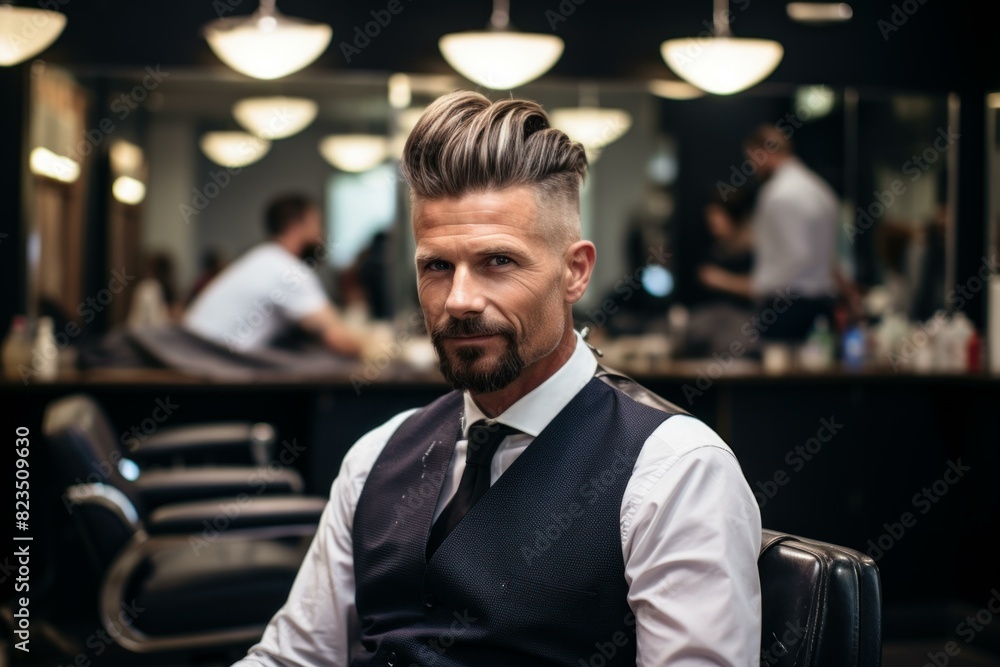 Well-dressed, stylish man looking confident and sophisticated in a modern barbershop chair, getting a trendy haircut from a professional hairstylist Well-dressed, stylish man looking confident and sophisticated in a modern barbershop chair, getting a trendy haircut from a professional hairstylist