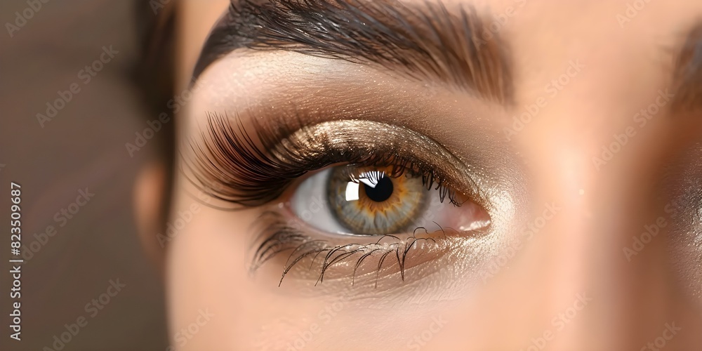 Obraz premium Closeup of a womans eye with long lashes and brown eyeliner. Concept Eye Makeup Trends, Beauty Photography, Dramatic Closeups