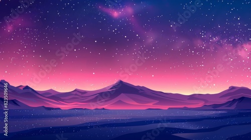 The image is a beautiful landscape of a mountain range at night. The sky is dark and full of stars. The mountains are dark and mysterious. The image is very peaceful and serene.