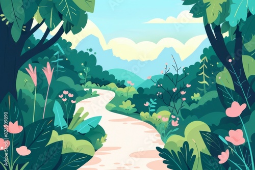 The image is a cartoon forest with a path leading through it
