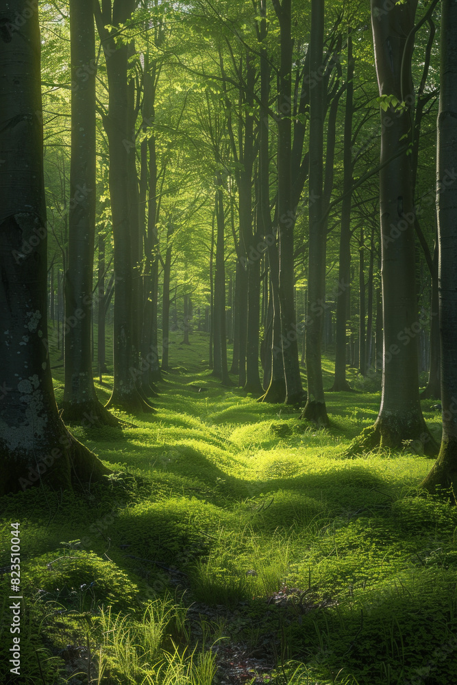 Obraz premium Green forest with beech trees, during spring time, with sun light and shadows, in a morning misty atmosphere.