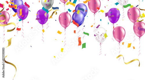 Bright and festive image featuring various colorful balloons and scattered confetti, depicting a celebration or party atmosphere
