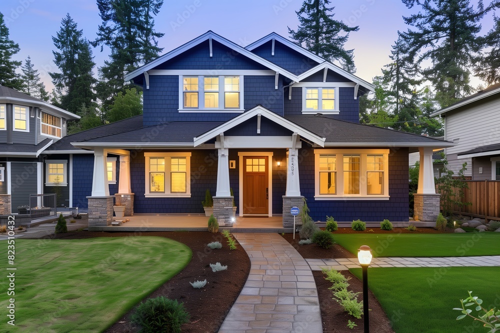 front view of beautiful home exterior at dusk with lights on, navy blue shingle style house in the suburbs, green grass and landscaping
