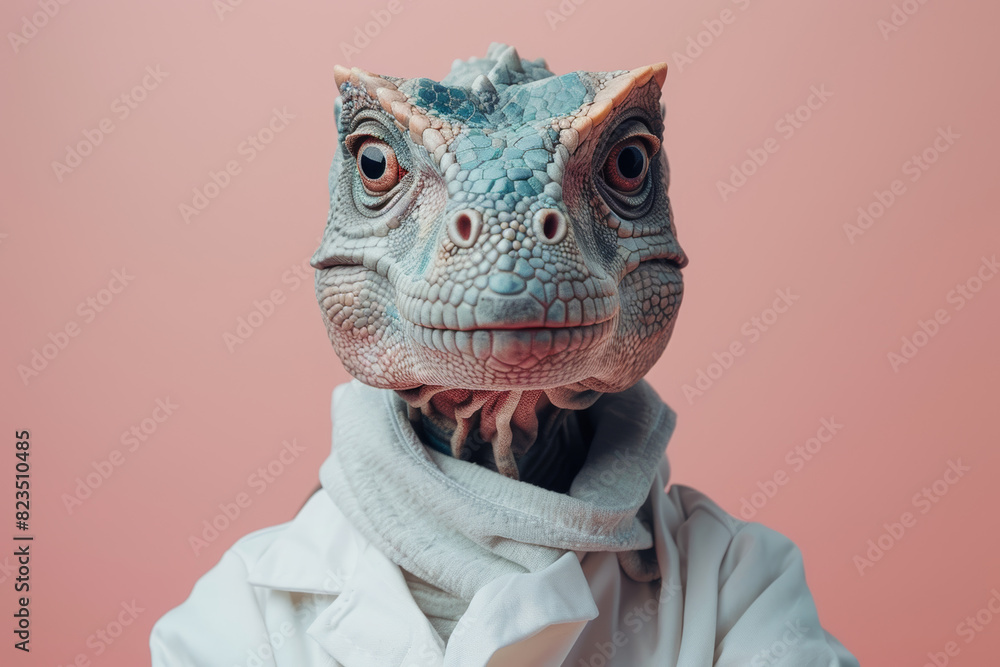 Lizard Scientist in Lab Coat Surreal Animal Portrait on Pink Background Lizard Scientist in Lab Coat Surreal Animal Portrait on Pink Background