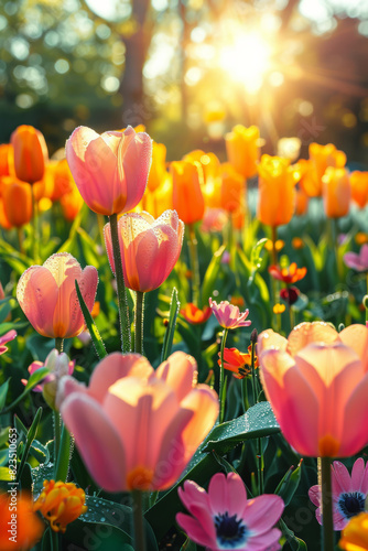 Sunlit Pink and Orange Tulips with Morning Dew in a Spring Garden