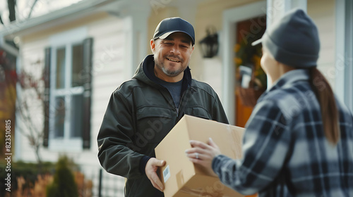 Delivery person: Front view bringing package to recipient photo