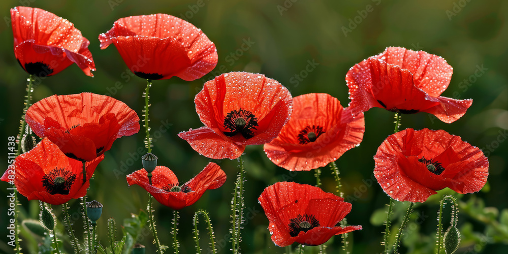 Obraz premium Vibrant Red Poppies with Dew Drops in Morning Sunlight in a Spring Meadow