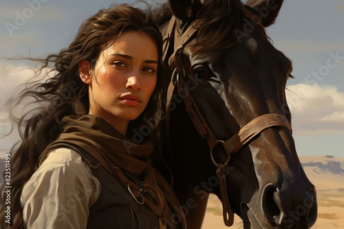 Digital art of a young female warrior and her horse against a desert backdrop © juliars