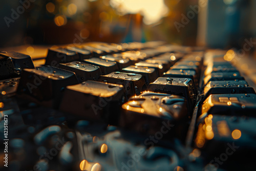 Close Up of Wet Computer Keyboard with Water Droplets Under Warm Light