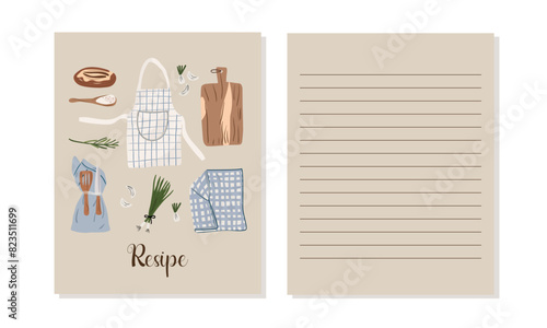 Modern Recipe card template set for cookbook. Menu Creator Vector Illustration. Pattern with Different Kitchen Utensils. Cooking Background.