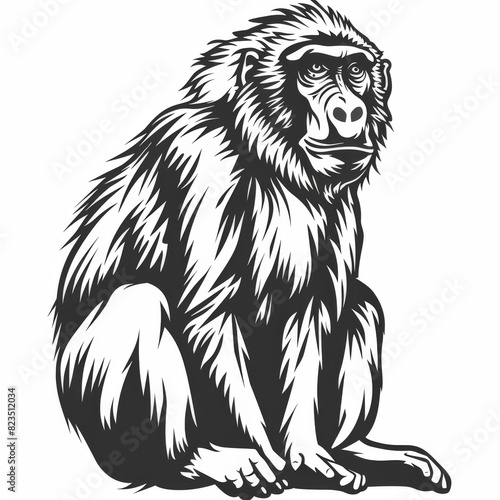 Detailed black and white illustration of a baboon sitting and looking forward.