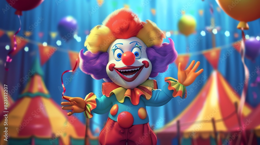 A jovial cartoonstyle character, dressed as a clown with colorful clothes and a red nose, standing against a backdrop of circus tents and balloons, animated with a juggling motion A jovial cartoonstyle character, dressed as a clown with colorful clothes and a red nose, standing against a backdrop of circus tents and balloons, animated with a juggling motion