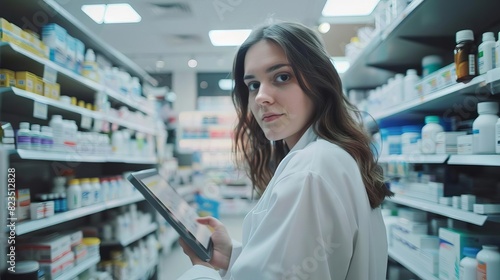 young female pharmacist holding medication while using computer portrait in pharmacy