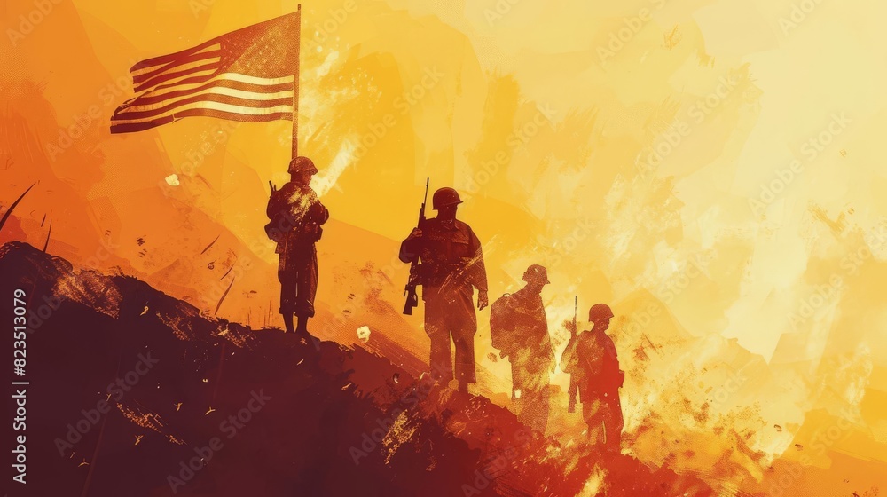young veterans learning from older veterans preparing to raise flag soft sunlight digital painting young veterans learning from older veterans preparing to raise flag soft sunlight digital painting