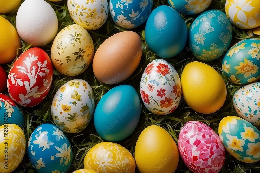 A group of vibrant eggs scattered in the grass A group of vibrant eggs scattered in the grass