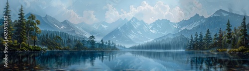 Scenic mountain lake  summer reflections  serene and detailed
