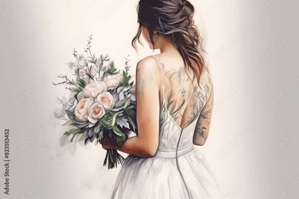 Bridal portrait: bride with floral bouquet in a white dress, captured from the back with a low back design, showcasing a tattoo. Bridal portrait: bride with floral bouquet in a white dress, captured from the back with a low back design, showcasing a tattoo.