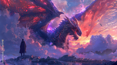 Epic fantasy scene depicting a man facing a gigantic, colorful dragon on a fiery mountain peak. photo
