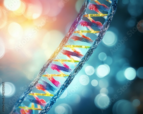 Colorful DNA helix structure against a blurred bokeh background with glowing lights. Concept of genetics, biotechnology, and molecular biology.