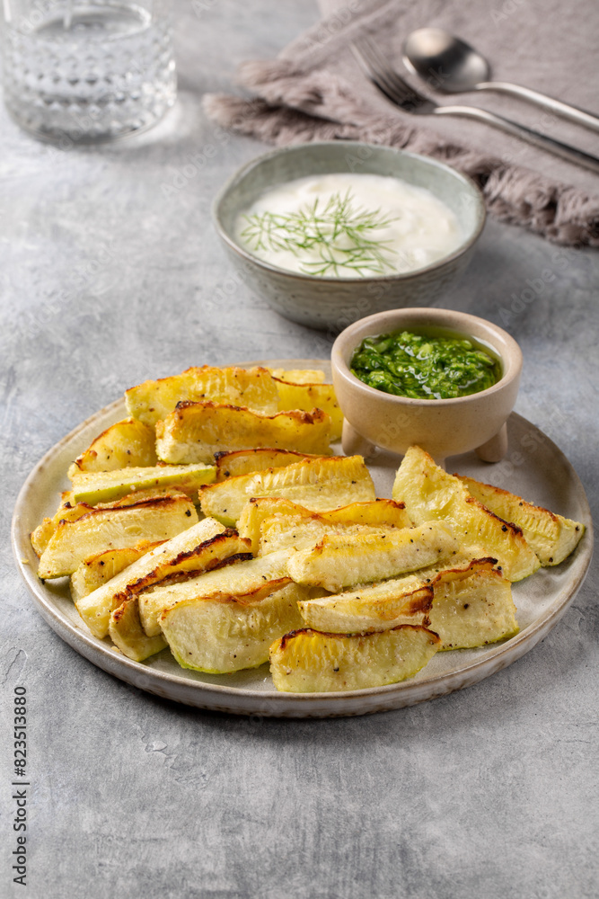 Oven baked zucchini wedges served with green pesto and greek yogurt on gray background. Vegetarian food concept. Oven baked zucchini wedges served with green pesto and greek yogurt on gray background. Vegetarian food concept.