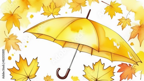 Autumn card in watercolor style. Yellow umbrella with maple leaves on white background