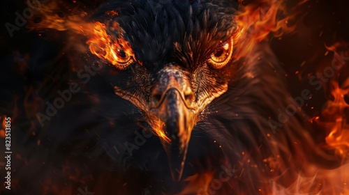 A powerful and fiery eagle with intense glowing eyes emerges from the flames  symbolizing strength and resilience in a dramatic scene.