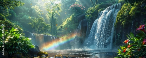 Waterfall with rainbow  lush surroundings  magical and vibrant