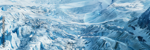 Aerial View of Rugged Glacial Landscape with Blue Ice Cracks and Snow