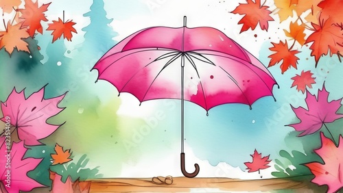 Autumn card in watercolor style. Pink umbrella with maple leaves