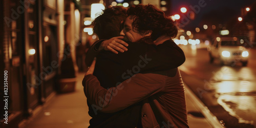Friends Hugging on City Street at Night   Emotional Reunion and Urban Nightlife