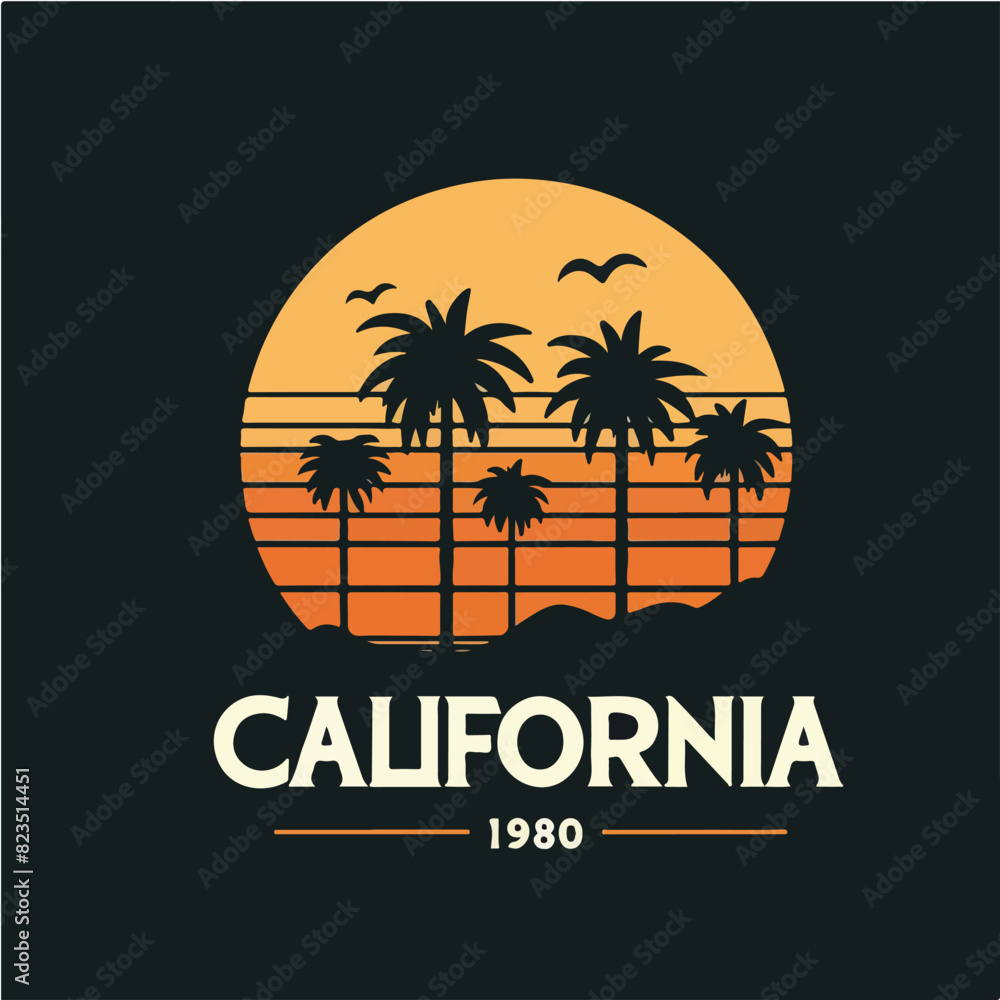 vector palm and sunset with california text. t-shirt design concept. black background