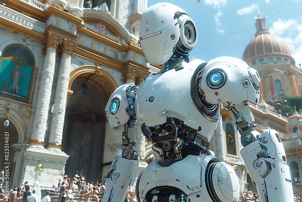 A futuristic robot stands in front of a grand building, with a crowd of people in the background. A futuristic robot stands in front of a grand building, with a crowd of people in the background.