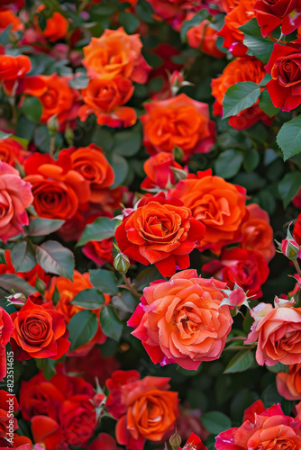 Beautiful Vibrant Orange and Red Roses in Full Bloom in a Lush Garden Setting