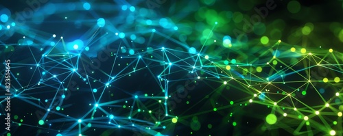 Abstract digital network  futuristic technology background with blue and green connections  representing data and communication flow.