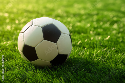 A soccer ball nestled in green grass under bright sunlight