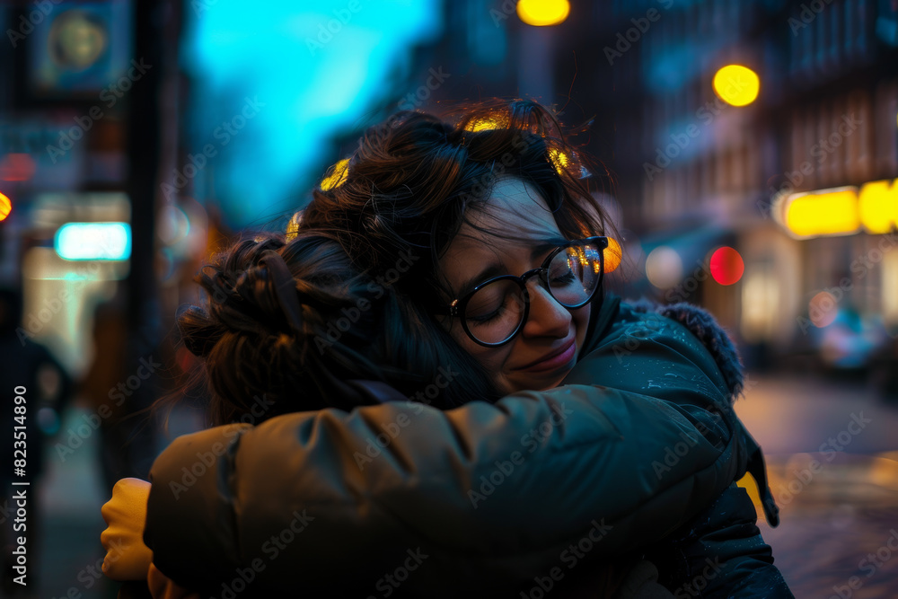 Evening Urban Hug Friends Embrace in Illuminated City Street Evening Urban Hug Friends Embrace in Illuminated City Street
