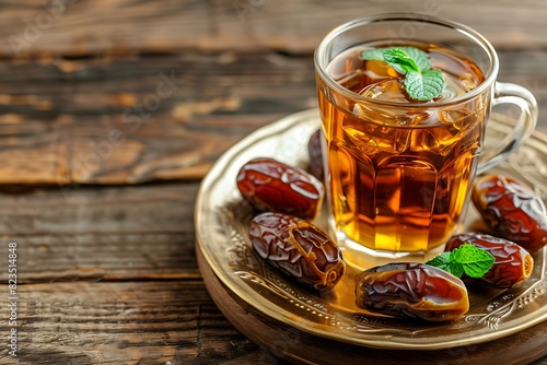 Ice tea, mint leaf and dates on the wooden table background.