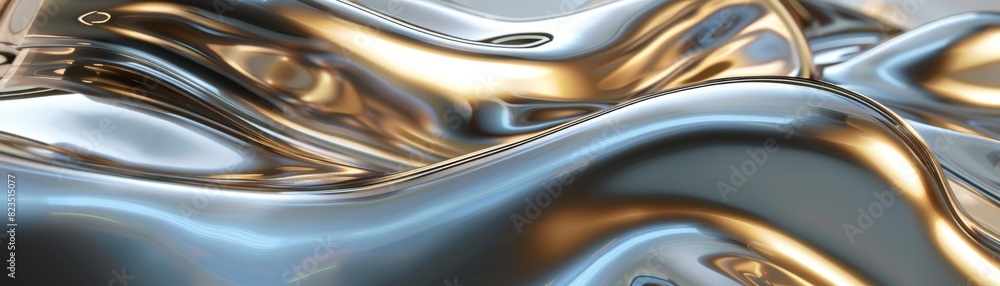 Abstract metallic surface with fluid, wavy patterns and golden reflections, creating a mesmerizing and futuristic background image.