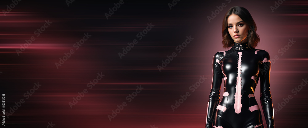 Naklejka premium Beautiful young woman in latex BDSM costume. Dominance concept for sex shop. Female domination in sex. Powerful dominatrix in black costume on copy space background. BDSM party image in pink colors.