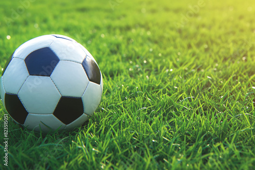 A soccer ball on a sunlit green field with a bright background