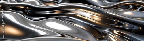 Abstract metallic fluid waves with reflective surface. Perfect for backgrounds, textures, and artistic designs showcasing modern, liquid aesthetics.