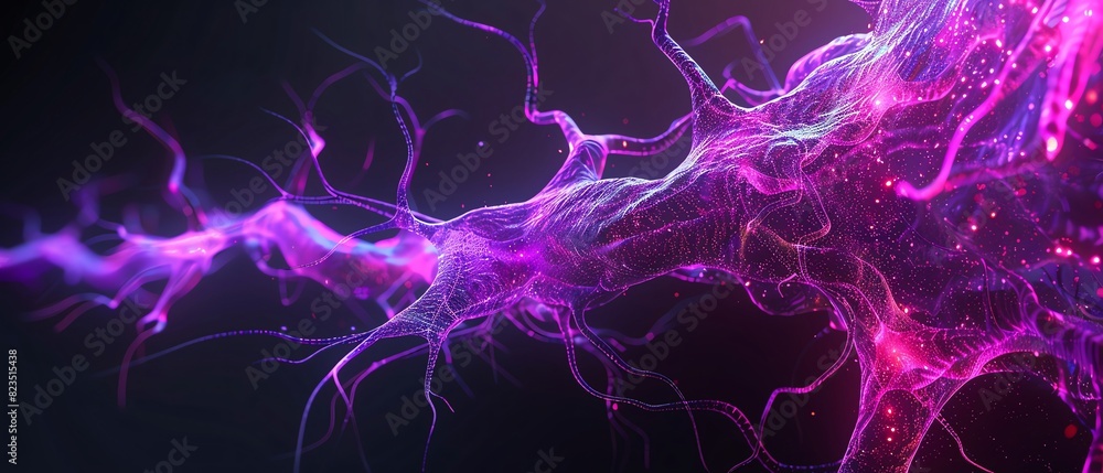 Obraz premium Violet color digital hologram futuristic brain neuron link on a neuron connection, Artificial intelligence concept, isolated on black background