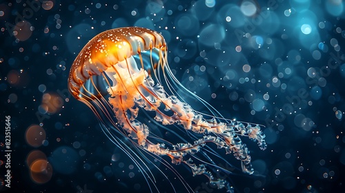 A golden jellyfish floats in a dark blue ocean, surrounded by bubbles.