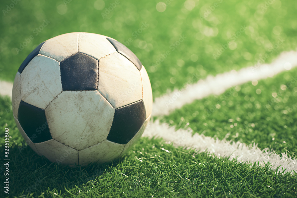 soccer ball close to the goal line on a green field in sunlight soccer ball close to the goal line on a green field in sunlight
